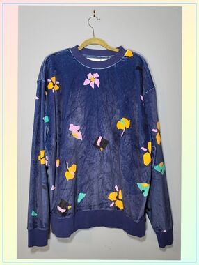 Collusion Unisex Mens Sz L Womens XXL Velour Navy Floral Crewneck Sweatshirt